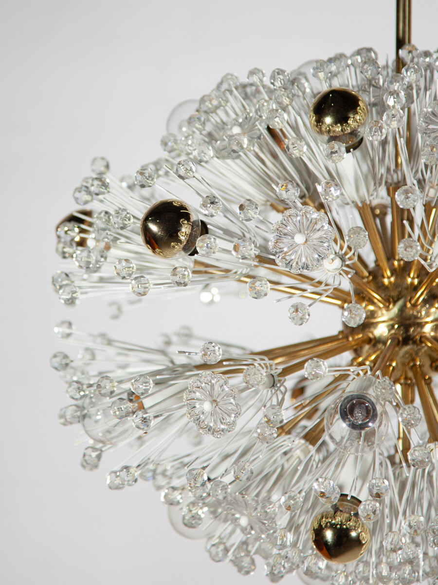 Eclipse Emile Stejnar Blowball Brass a Crystal Chandelier, Rupert Nikoll, 1950s