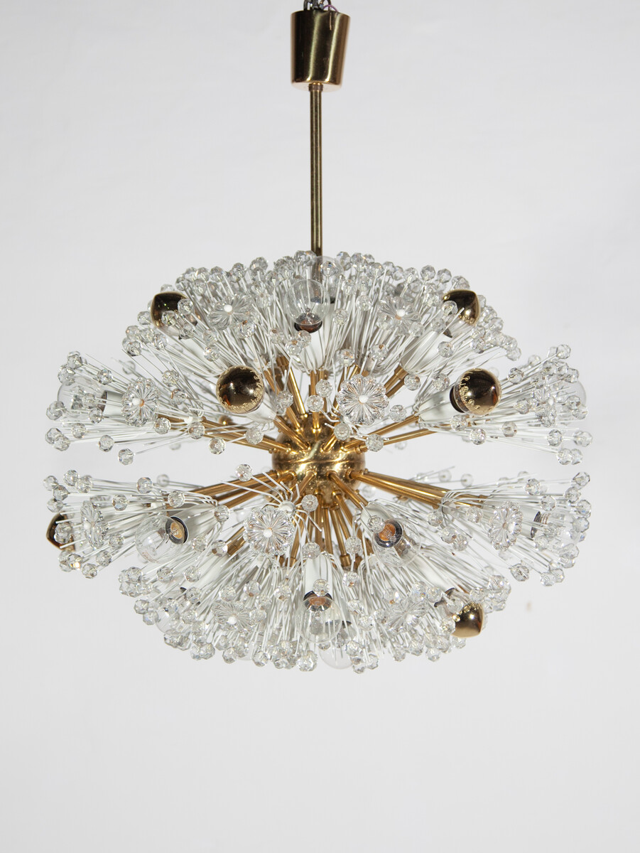 Eclipse Emile Stejnar Blowball Brass a Crystal Chandelier, Rupert Nikoll, 1950s