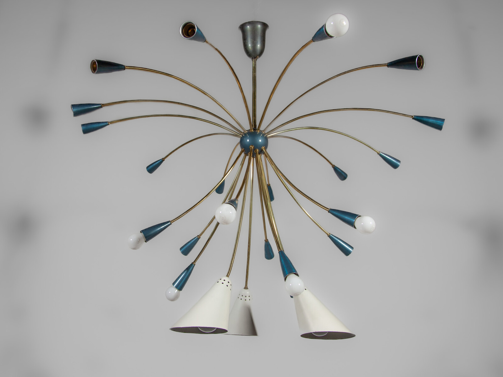 Large Sputnik Chandelier Brass 23 Blue and White Shades, Germany 50s