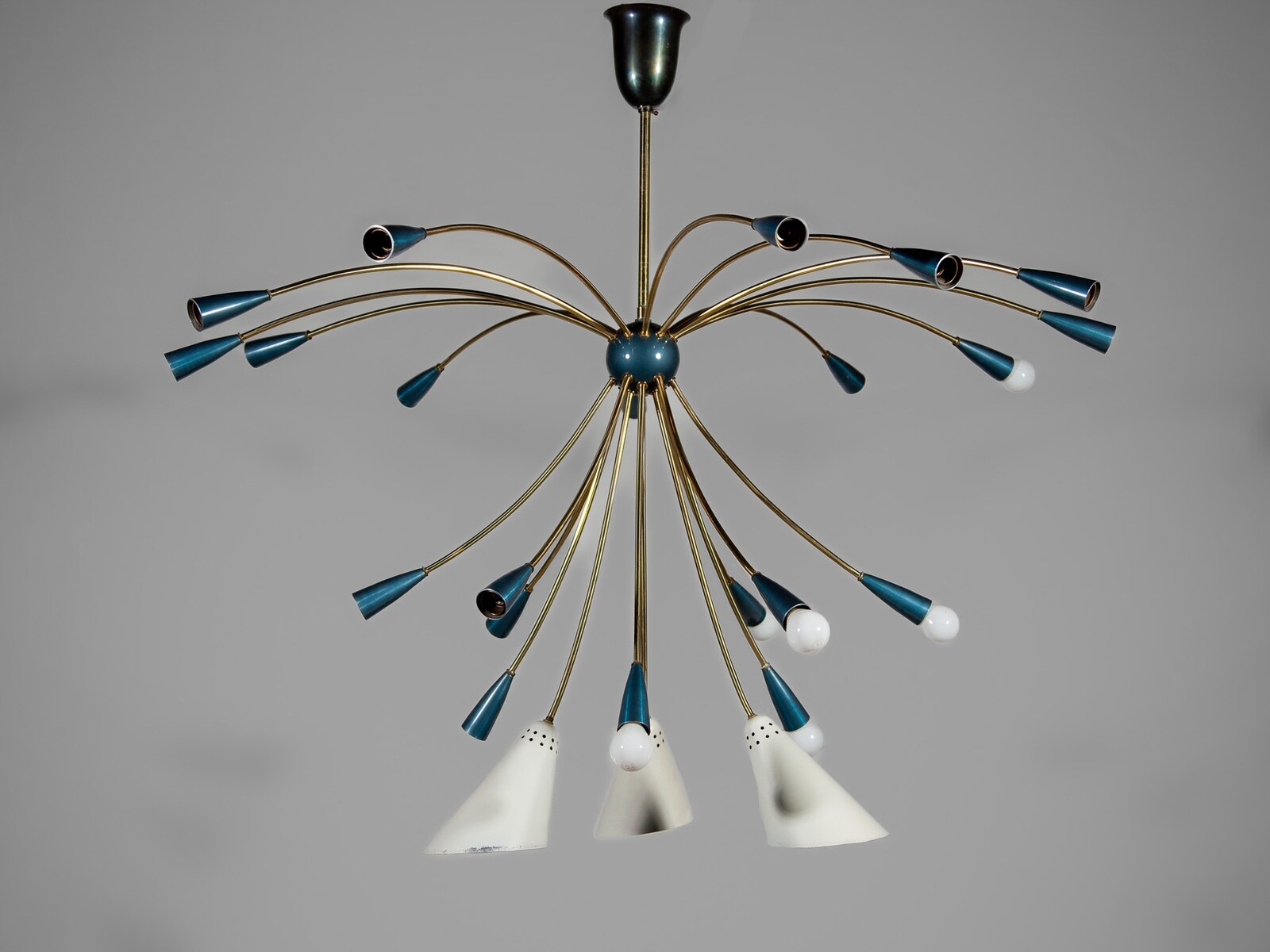 Large Sputnik Chandelier Brass 23 Blue and White Shades, Germany 50s