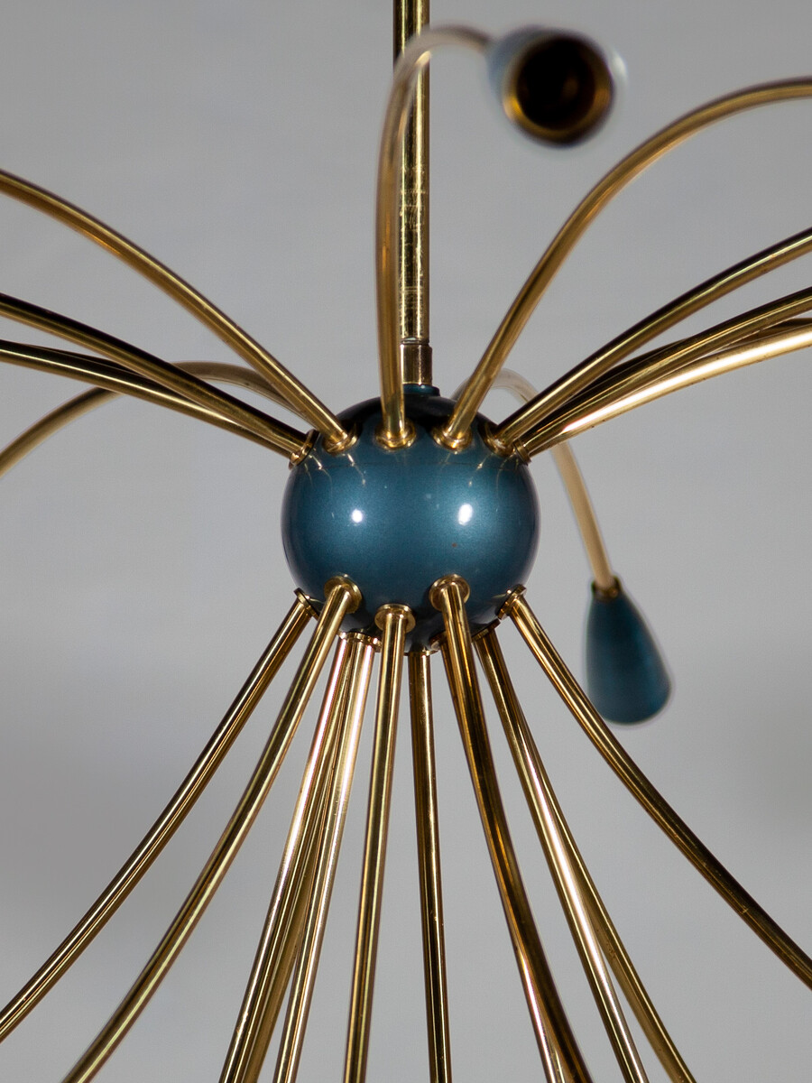 Large Sputnik Chandelier Brass 23 Blue and White Shades, Germany 50s