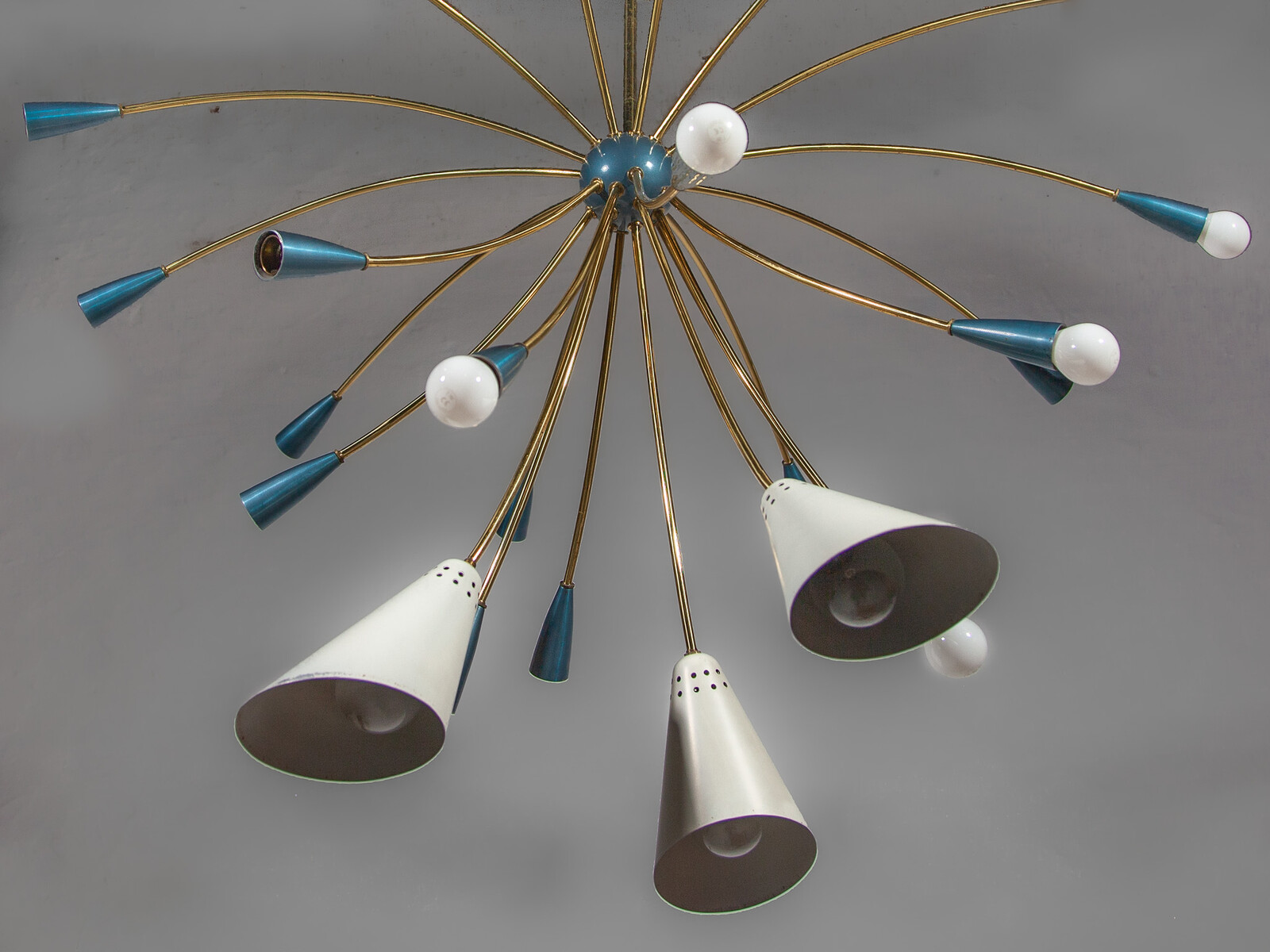 Large Sputnik Chandelier Brass 23 Blue and White Shades, Germany 50s