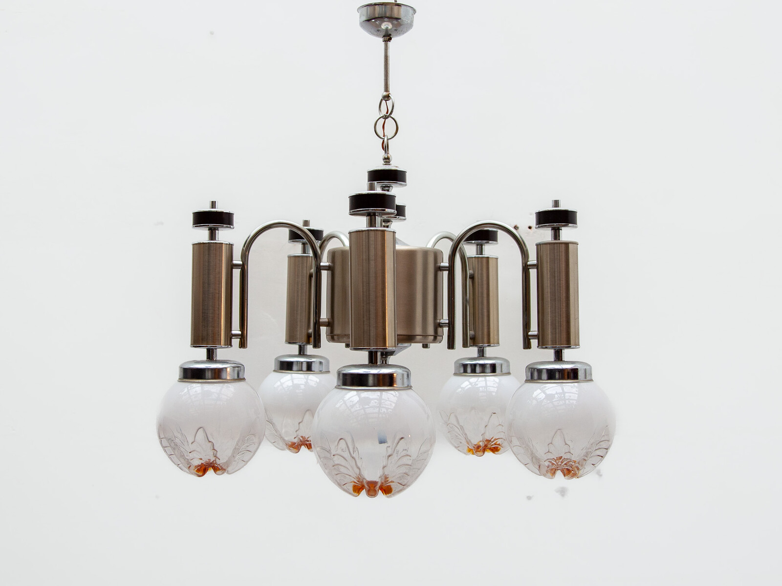 Mazzega Chrome Chandelier and frosted Globes