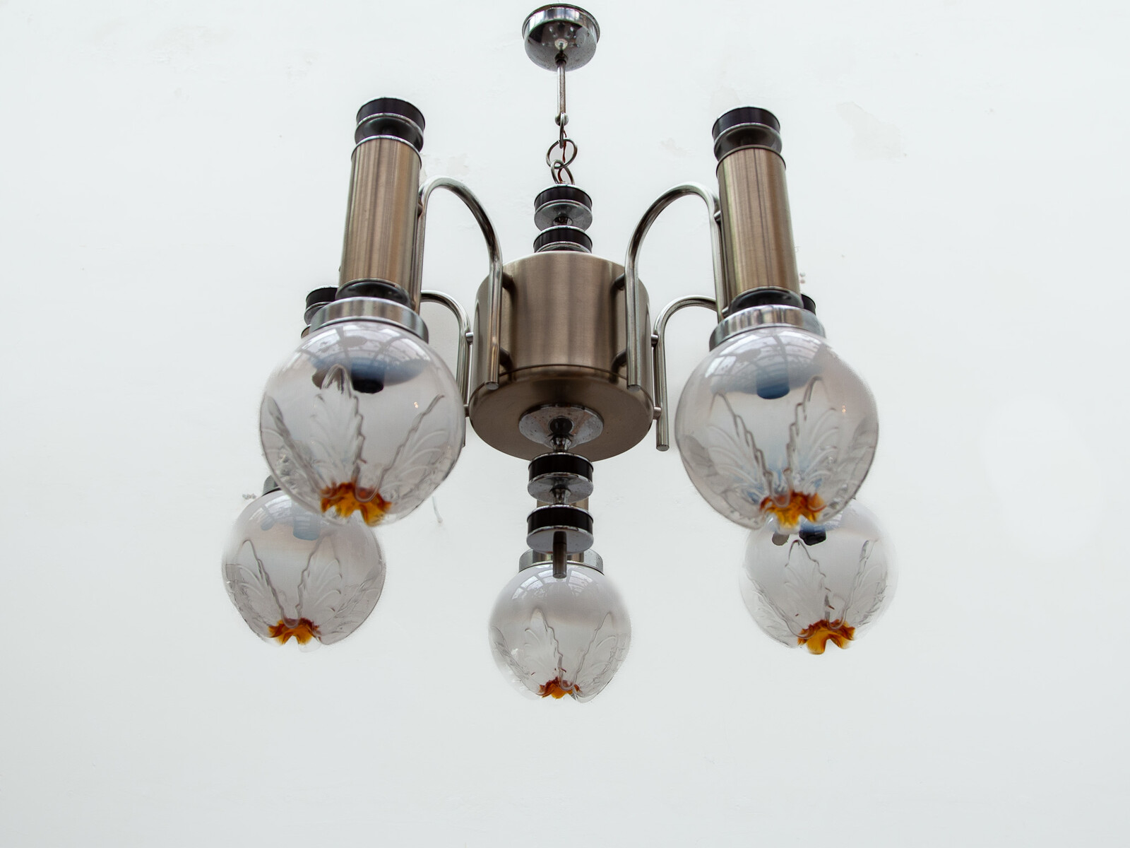 Mazzega Chrome Chandelier and frosted Globes