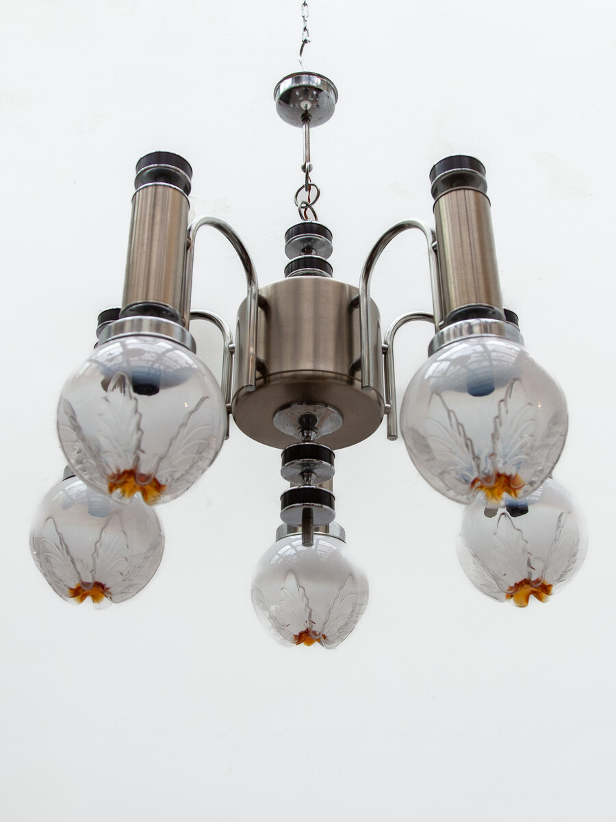 Mazzega Chrome Chandelier and frosted Globes