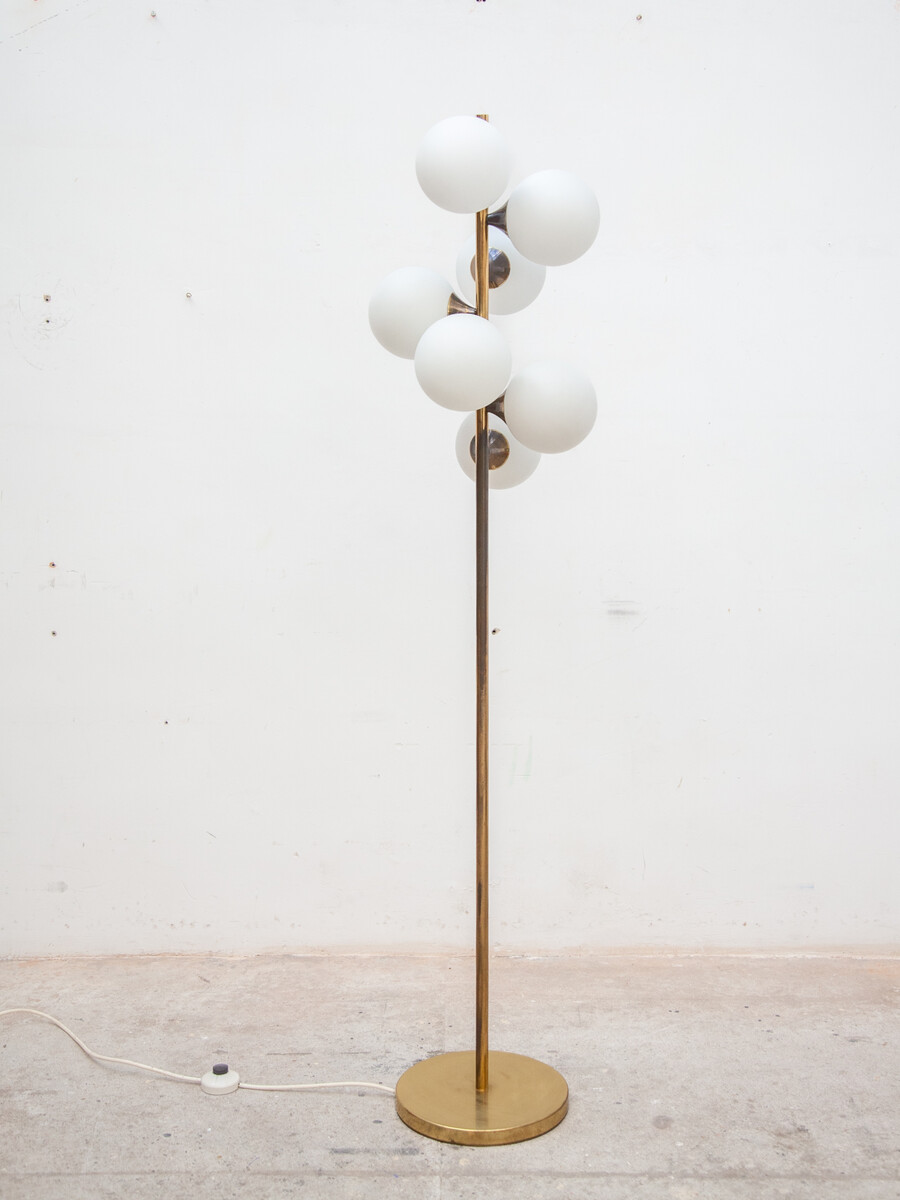 Midcentury Brass and Seven Arm Opaline Globe Floor Lamp by Kaiser, Germany