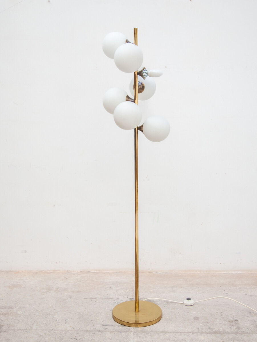 Midcentury Brass and Seven Arm Opaline Globe Floor Lamp by Kaiser, Germany
