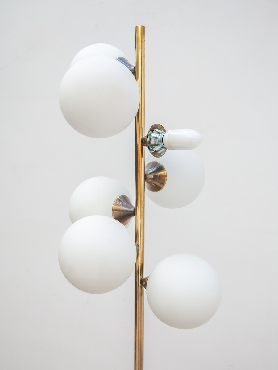 Midcentury Brass and Seven Arm Opaline Globe Floor Lamp by Kaiser, Germany