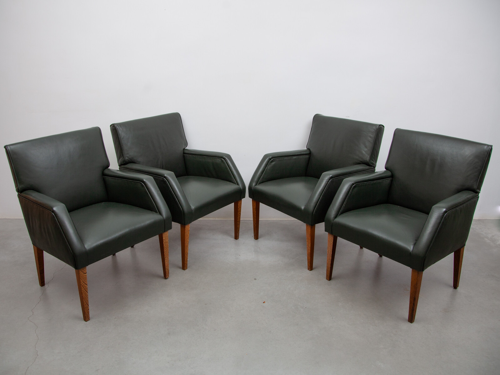 set of Four lounge Chairs made in Denmark, Wenge Olive green Leather