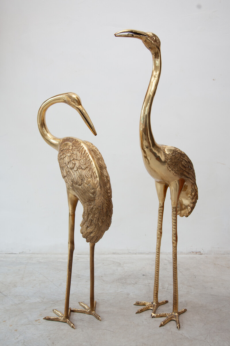 Set of Two Brass Flamingo Statues Hollywood Regency 