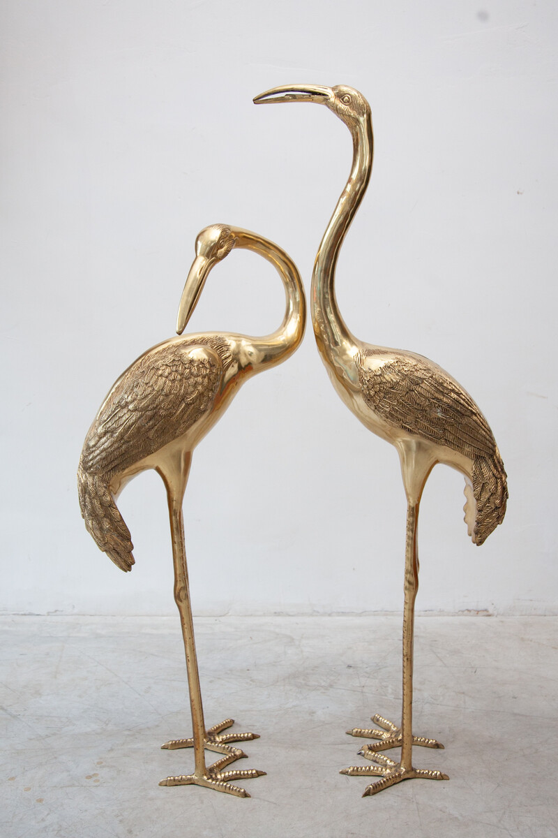 Set of Two Brass Flamingo Statues Hollywood Regency 