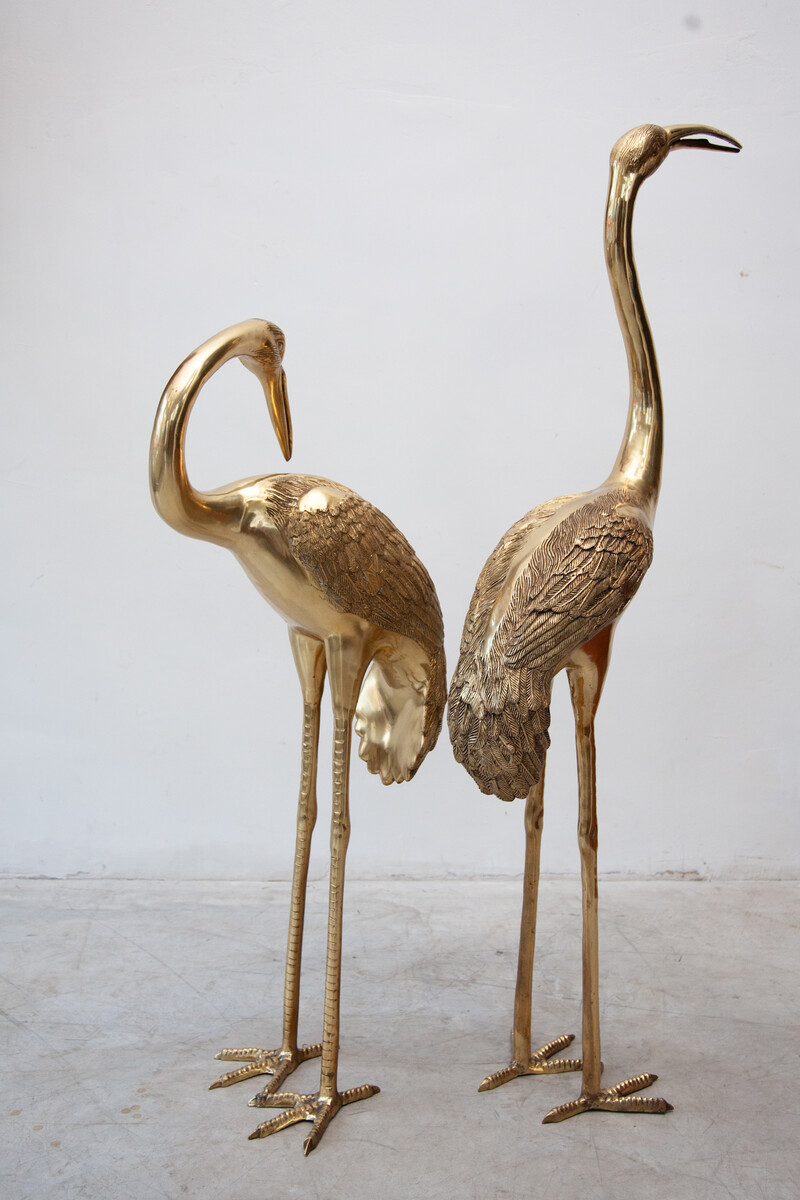 Set of Two Brass Flamingo Statues Hollywood Regency 