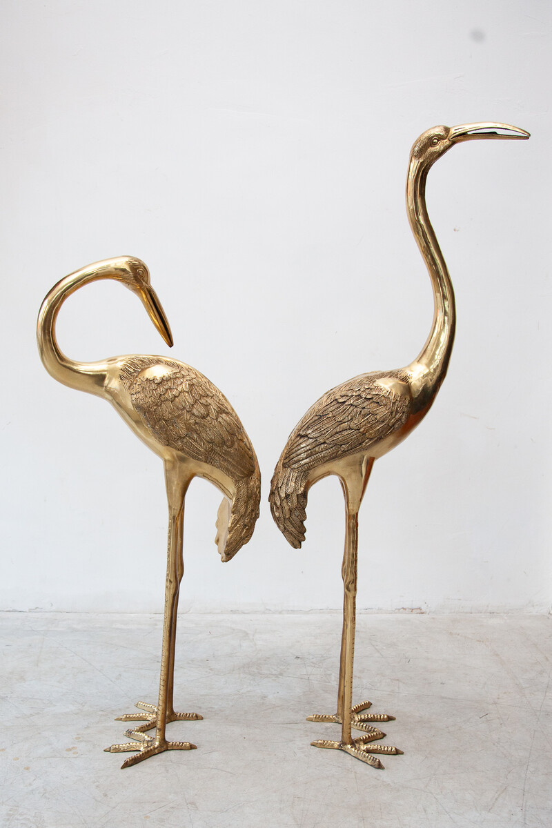 Set of Two Brass Flamingo Statues Hollywood Regency 