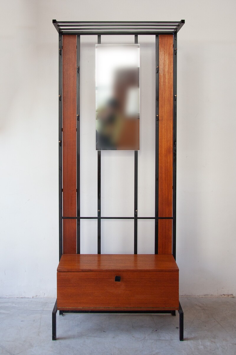 Teak Hall Coat Rack with Storage and Mirror, 1960s, Belgium