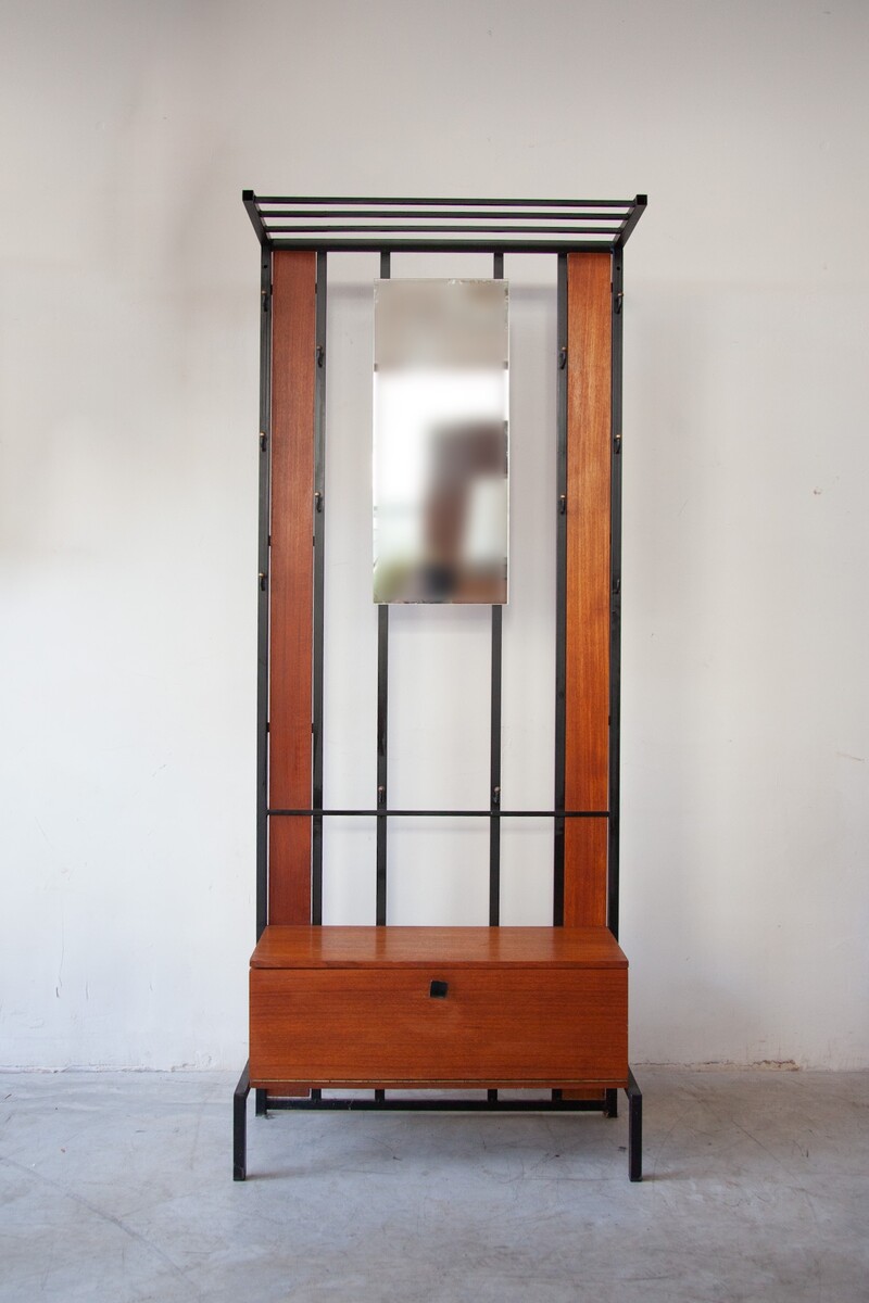 Teak Hall Coat Rack with Storage and Mirror, 1960s, Belgium