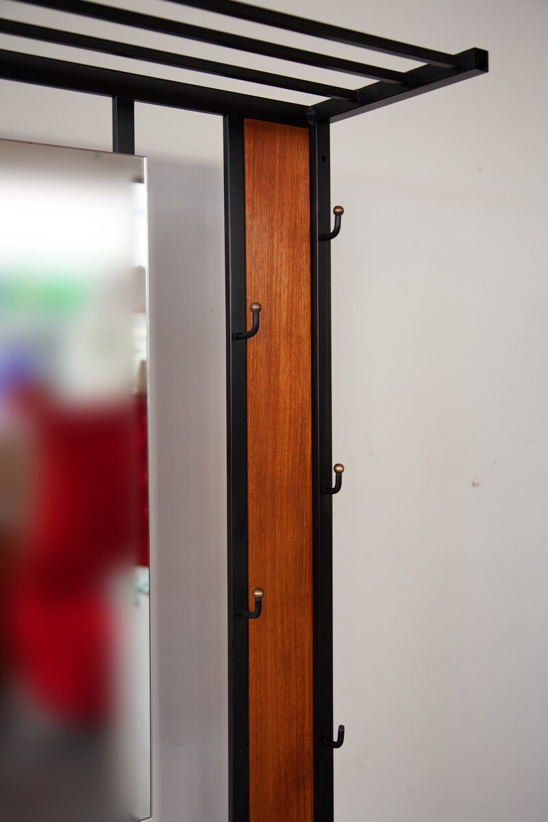 Teak Hall Coat Rack with Storage and Mirror, 1960s, Belgium