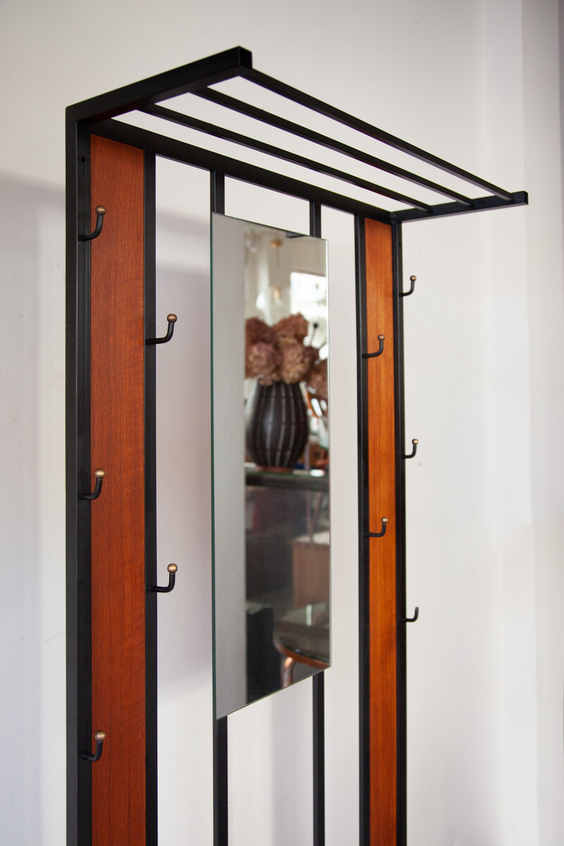 Teak Hall Coat Rack with Storage and Mirror, 1960s, Belgium