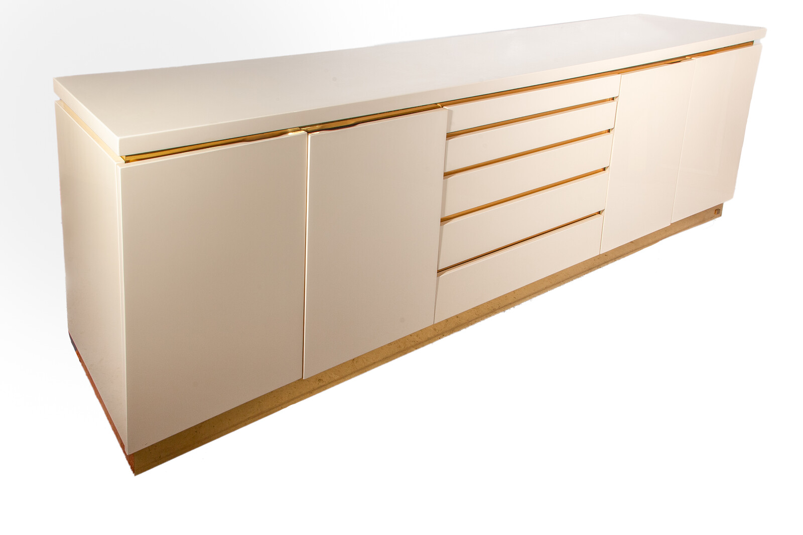 White Lacquer and Brass Sideboard by Jean Claude Mahey, 1980s